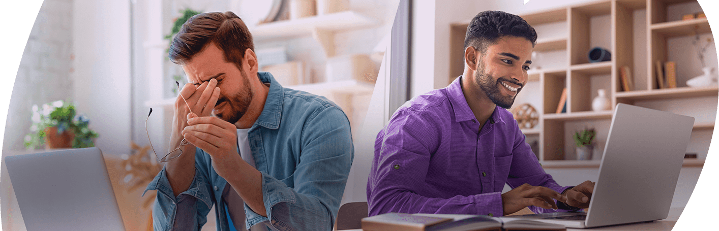 imagen con un joven a la izquierda preocupado, y el otro joven a la derecha feliz disfrutando su internet